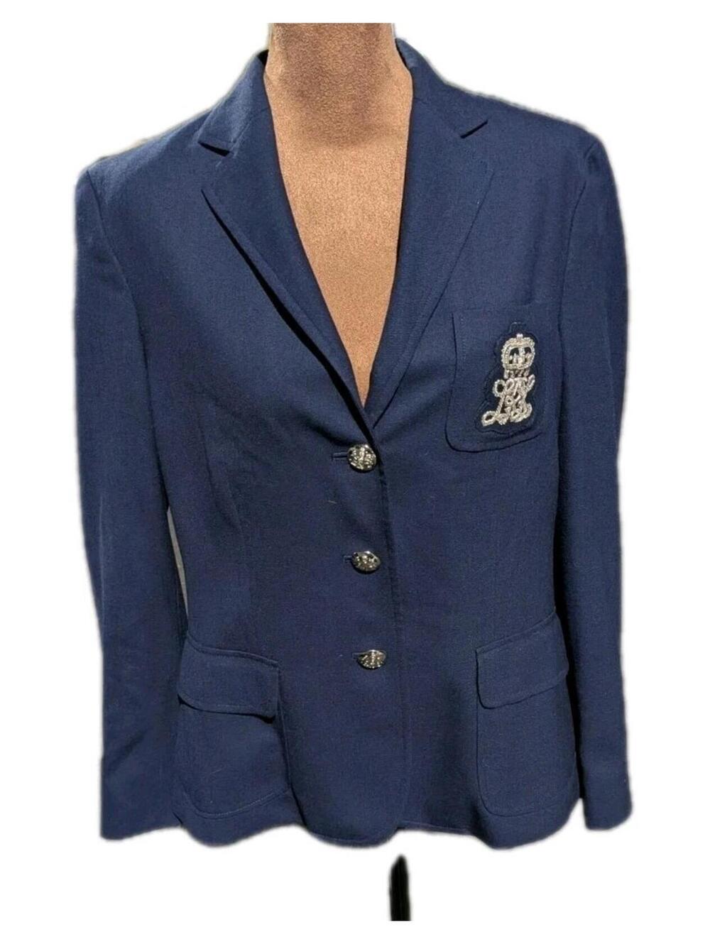 Lauren Ralph Lauren Wool Women's Blazer Suit Jacket Crown Crest Size 8 Blue